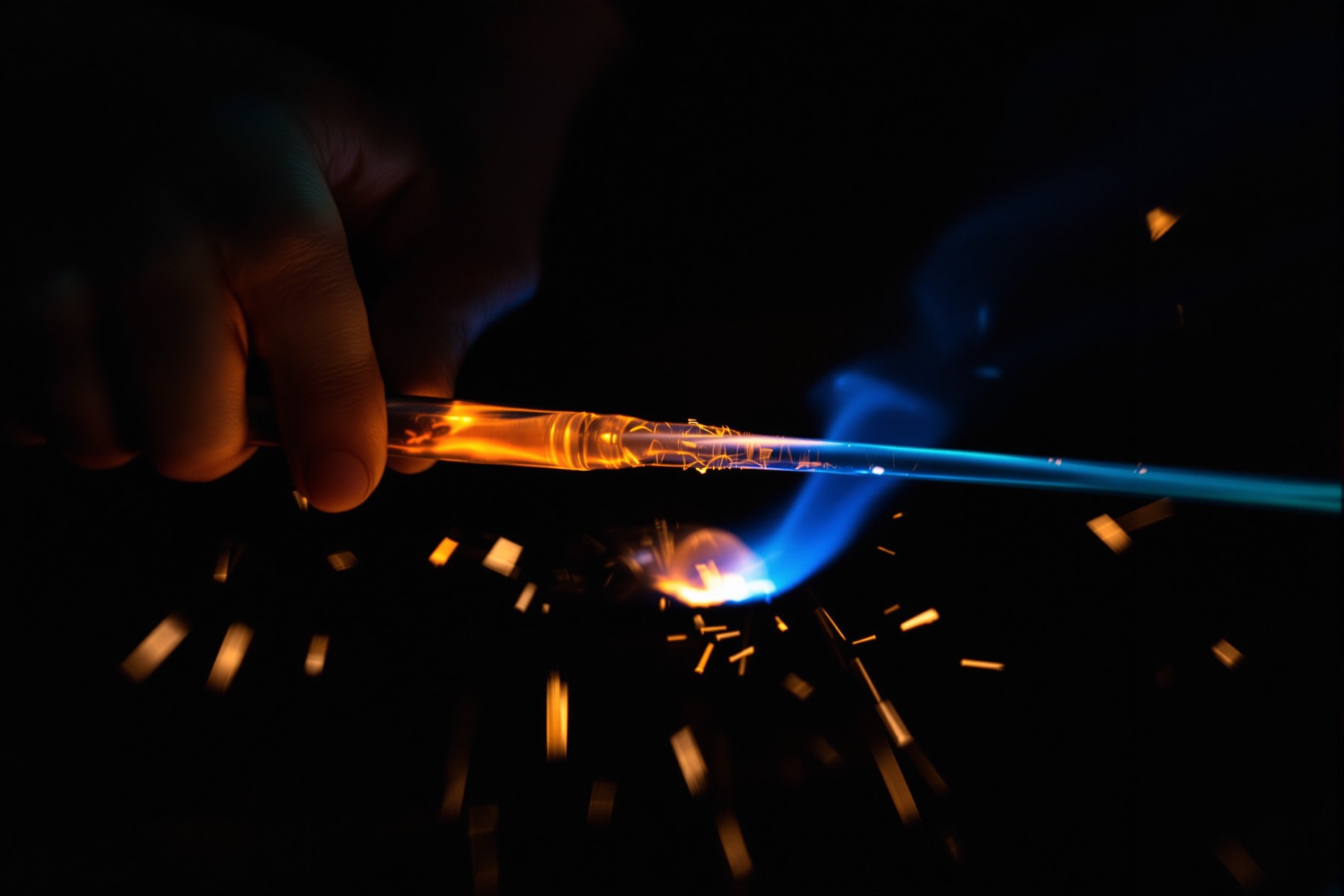A craftsman bending glowing glass tube in the blue flame of a ribbon burner.