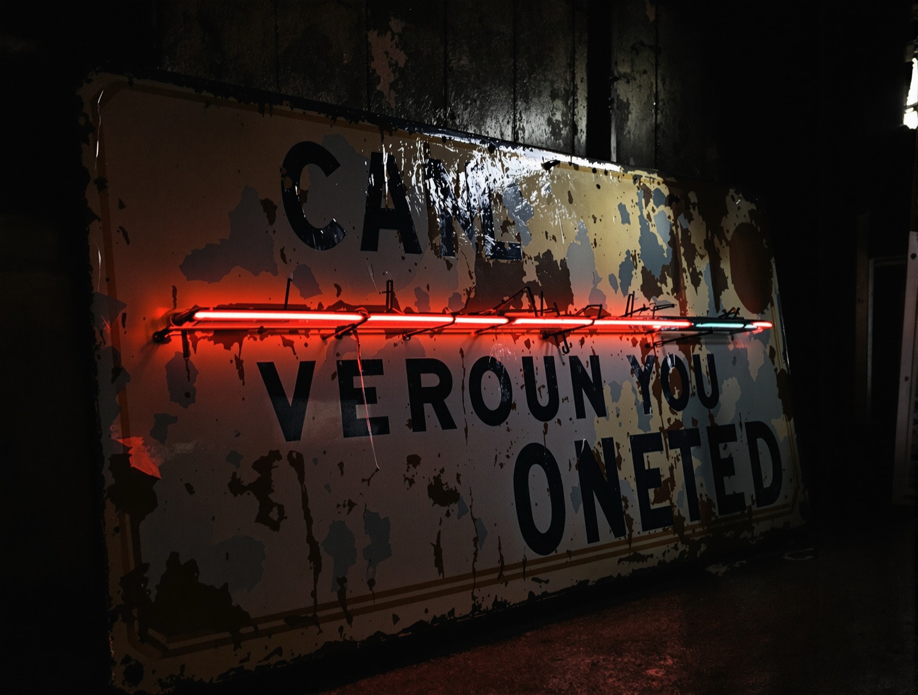 A weathered porcelain enamel sign panel with chipped paint, rust and unlit neon tubing, leaning against a workshop wall.